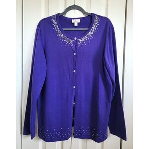 Quacker Factory Large Buttoned‎ Down Sequined Purple  Cardigan Sweater L/S